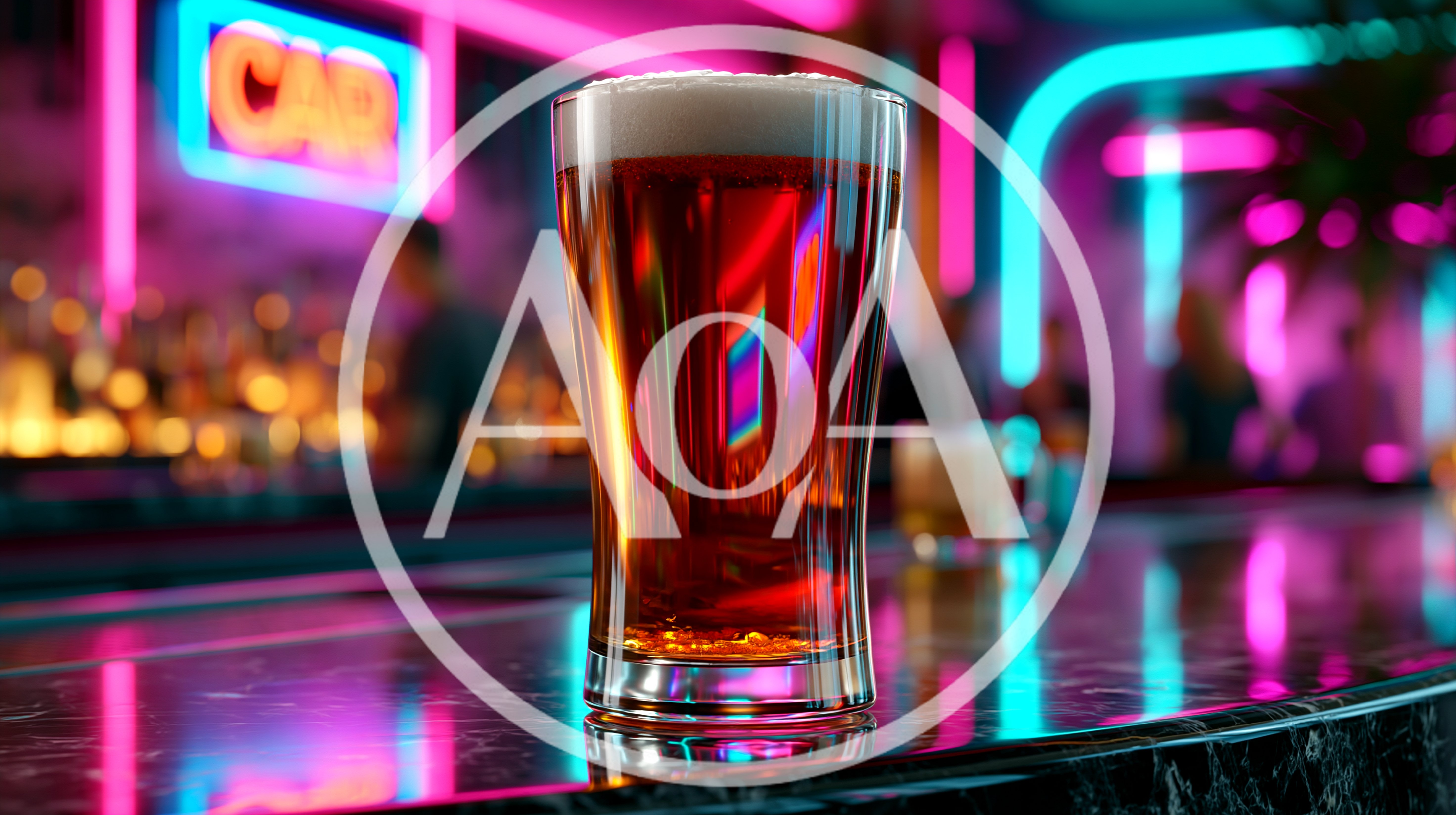 Glass Of Beer On A Neon Lit Bar Counter