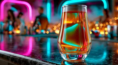 Glass Of Amber Whiskey On A Neon Bar Counter