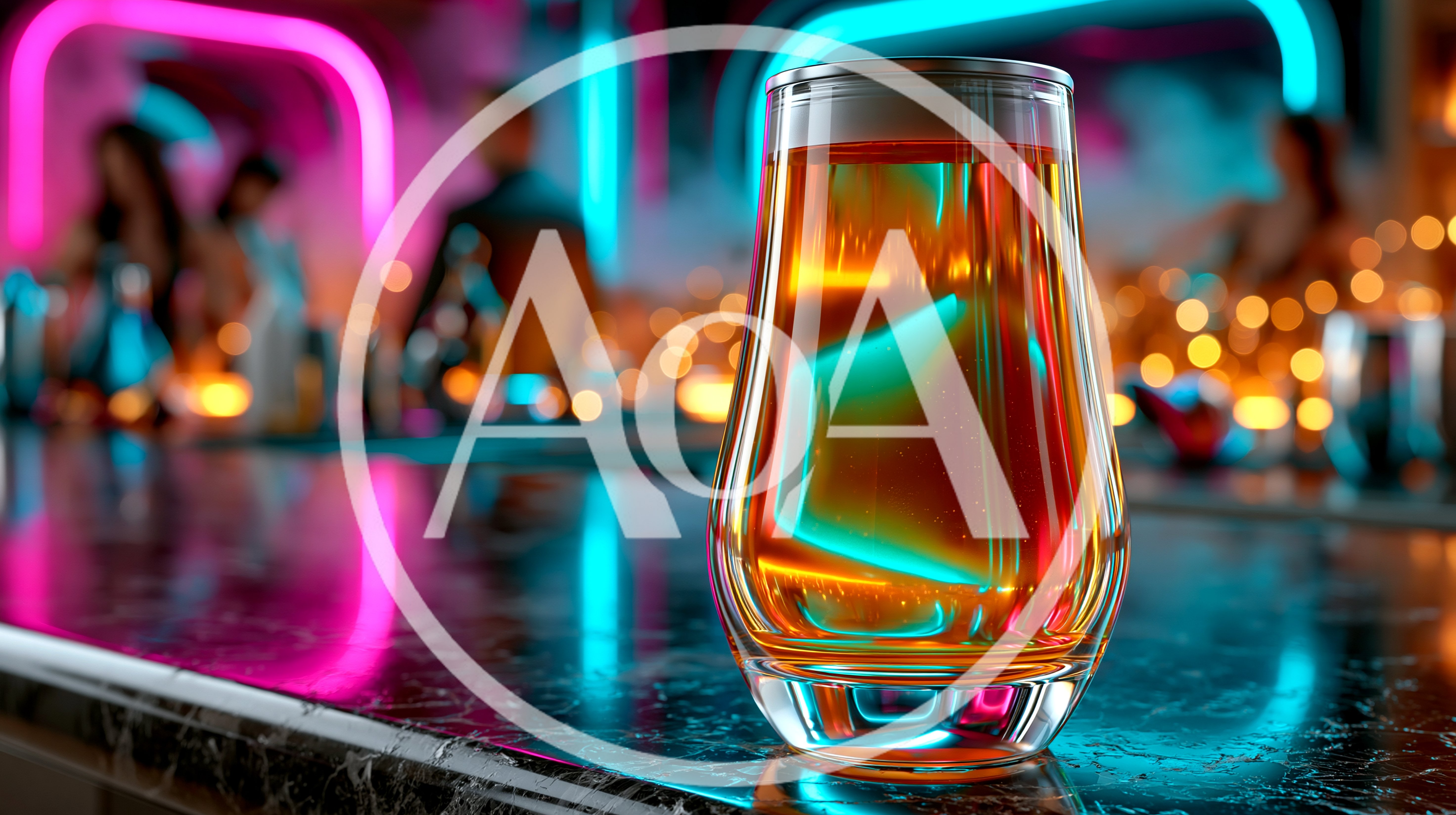Glass Of Amber Whiskey On A Neon Bar Counter