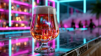 Glass Of Beer On A Neon Lit Bar Counter