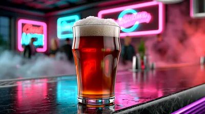 Pint Of Dark Beer On A Neon Lit Bar