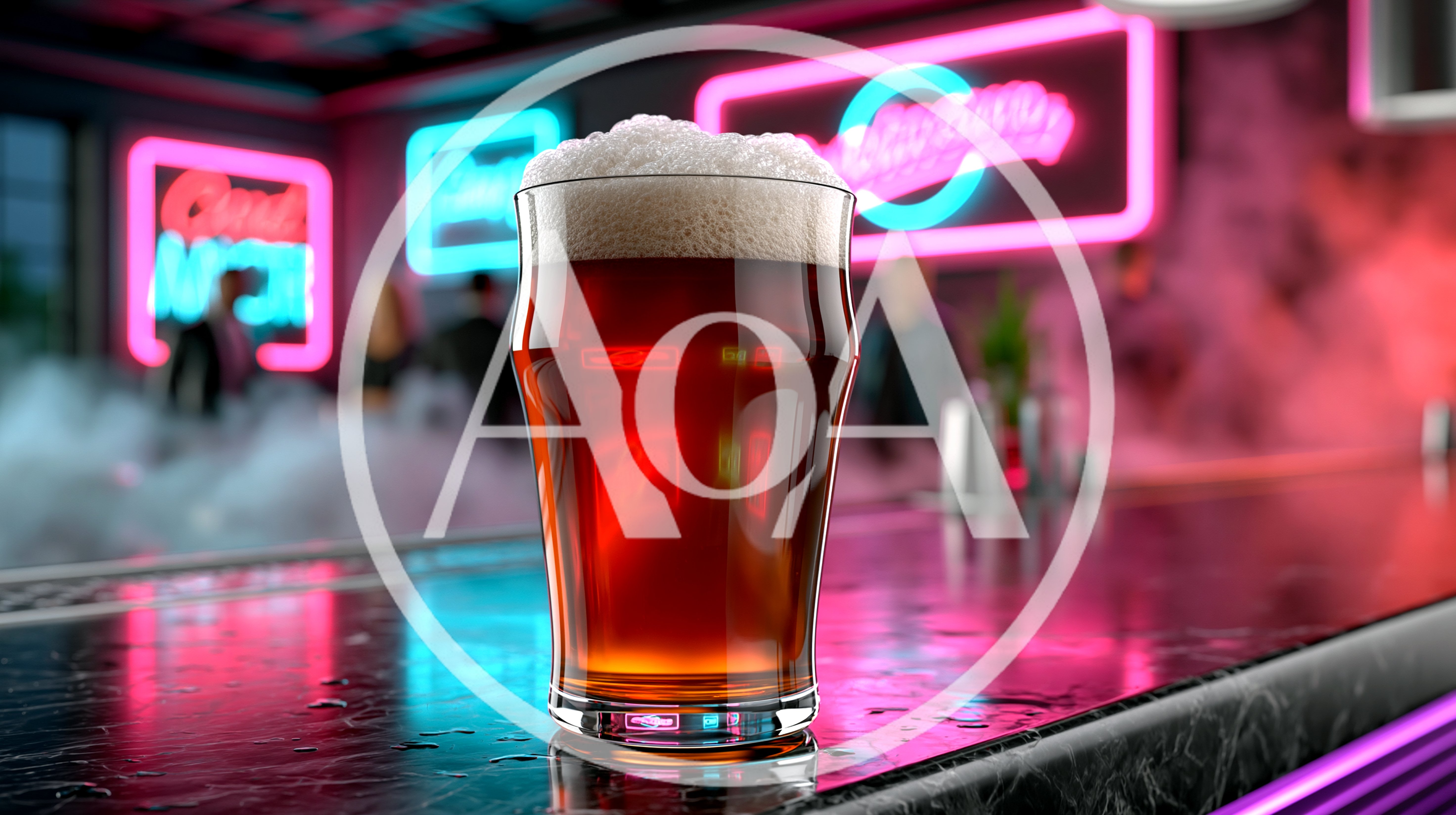 Pint Of Dark Beer On A Neon Lit Bar