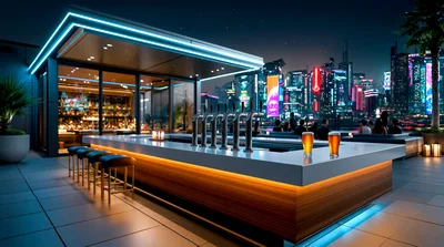 Modern Rooftop Bar With Neon City Skyline View