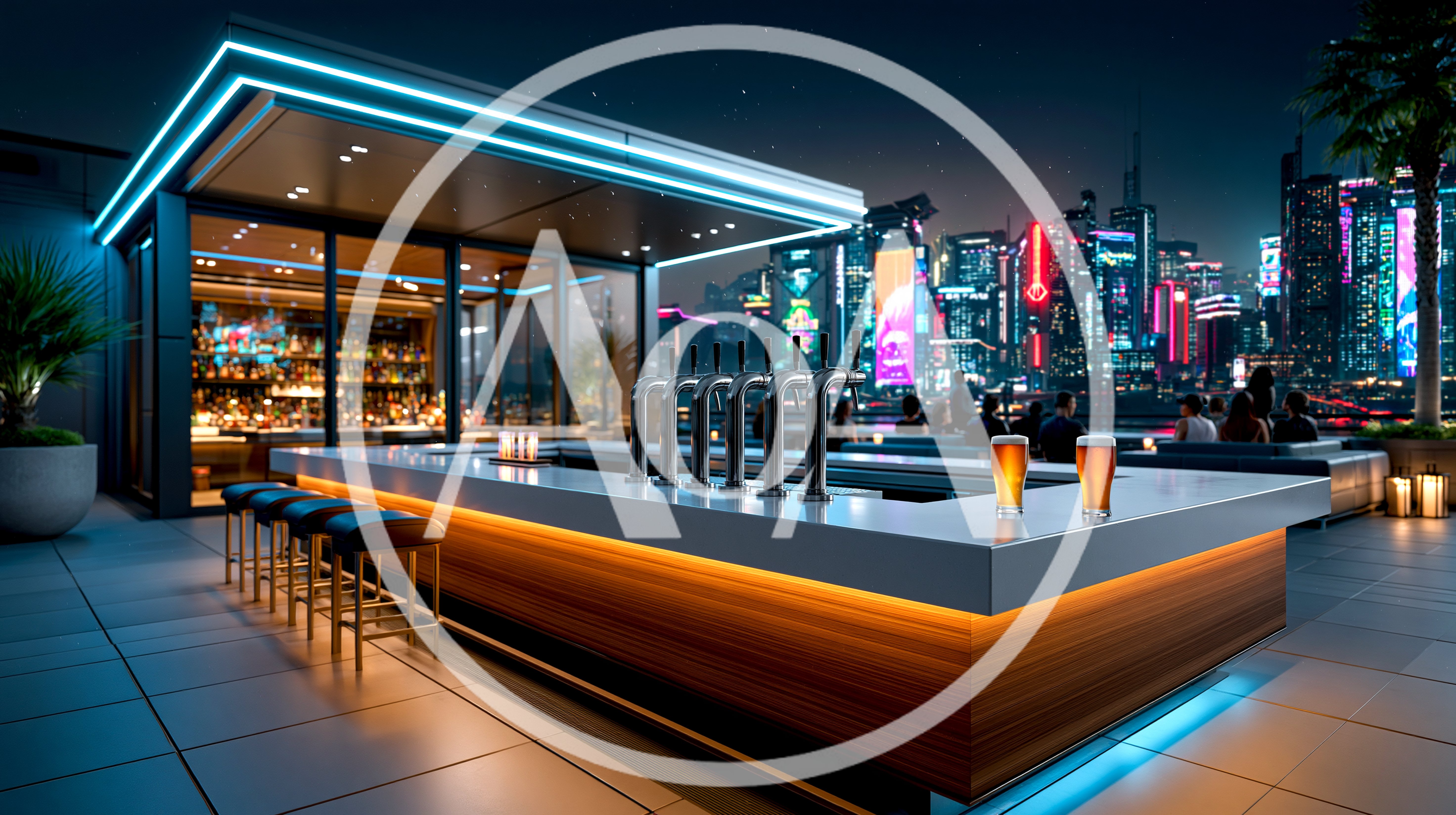 Modern Rooftop Bar With Neon City Skyline View