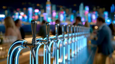 Row Of Illuminated Beer Taps At Night