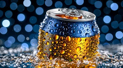 Cold Soda Can With Water Droplets And Bokeh Background