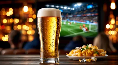 Glass Of Beer And Popcorn In A Sports Bar