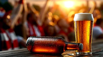 Beer Bottle And Glass On Table At Sports Bar