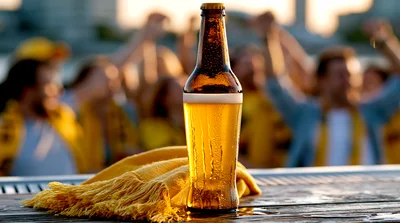 Cold Beer Bottle With Scarf At Sports Stadium