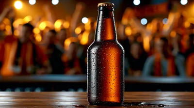 Cold Beer Bottle On Bar Counter At Sports Stadium