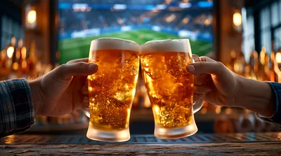 Two People Toasting With Beer Mugs In A Sports Bar
