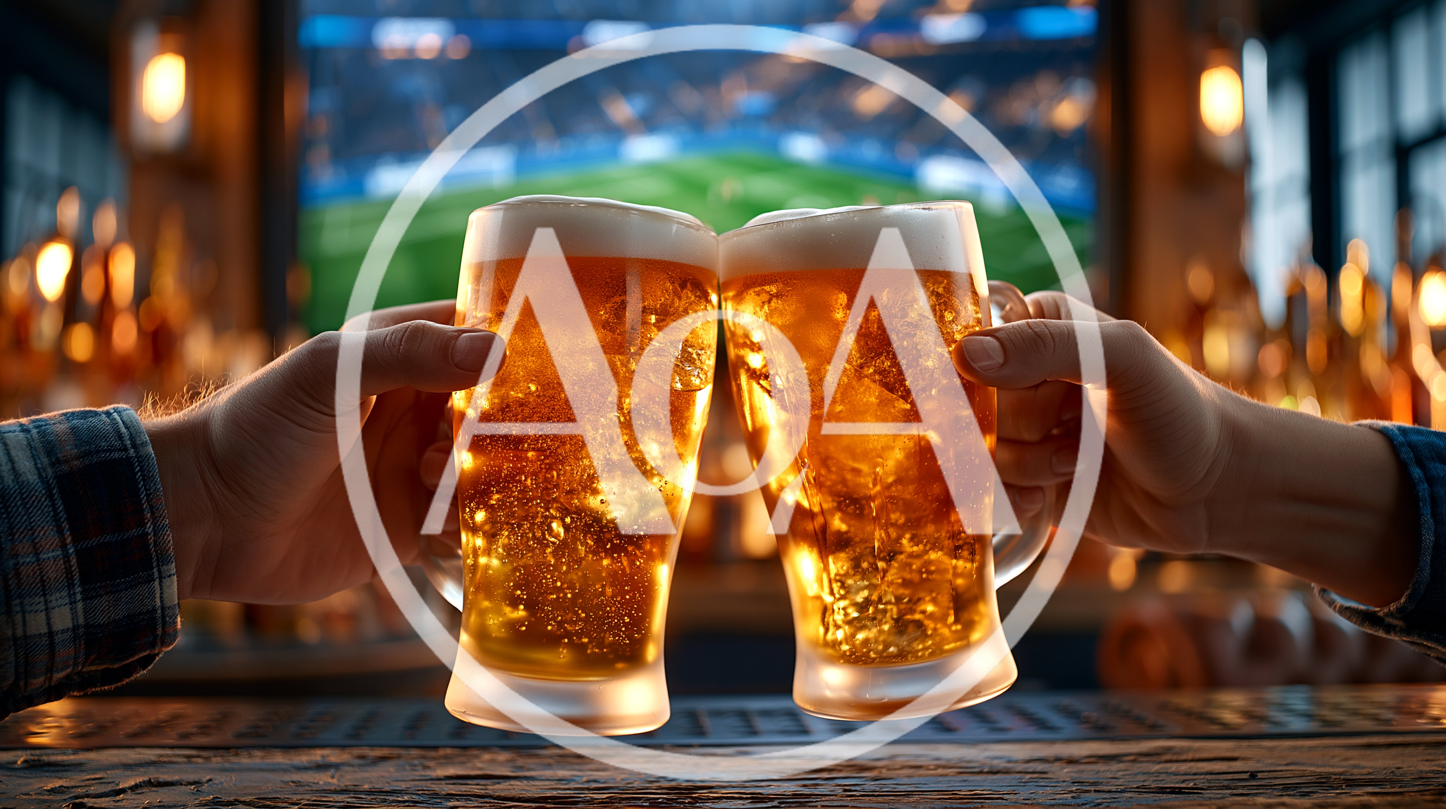 Two People Toasting With Beer Mugs In A Sports Bar