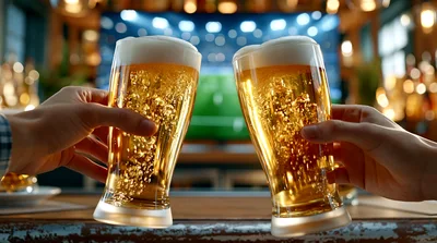 Two People Toasting With Glasses Of Beer In A Bar