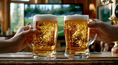 Two People Toasting With Frothy Beer Mugs