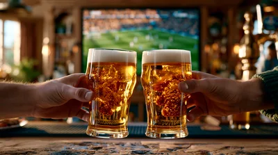 Two Friends Toasting With Beer Glasses In A Pub