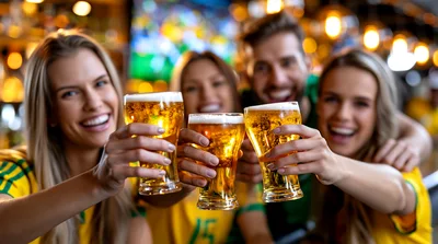 Group Of Friends Celebrating With Beer In Sports Bar