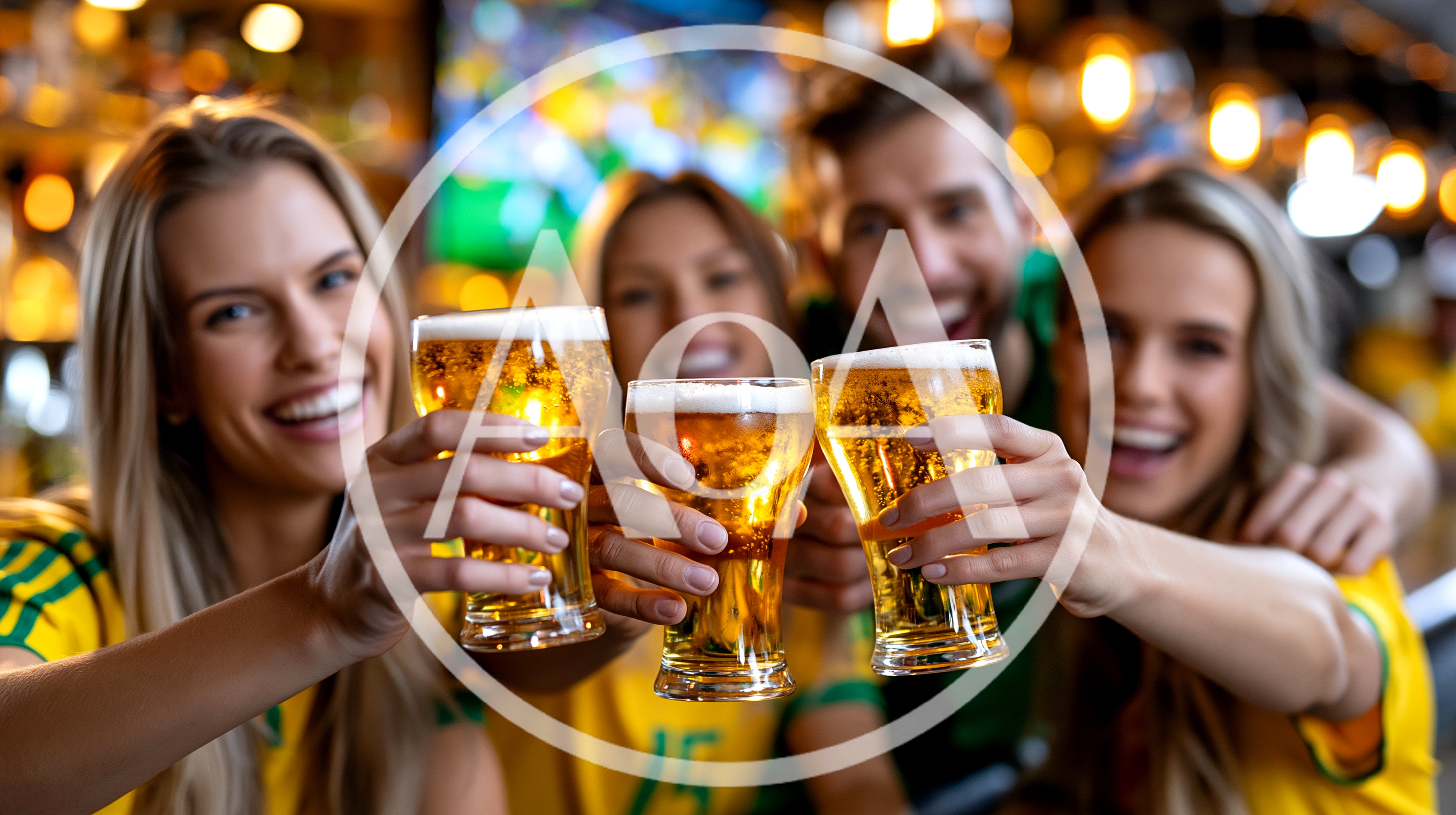 Group Of Friends Celebrating With Beer In Sports Bar