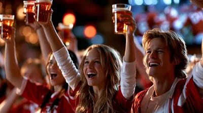 Excited Sports Fans Cheering With Beer Glasses