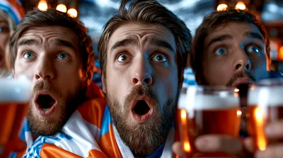 Excited Sports Fans Watching A Game With Beer