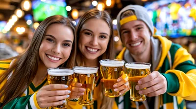 Three Friends Toasting With Beer At A Sports Bar