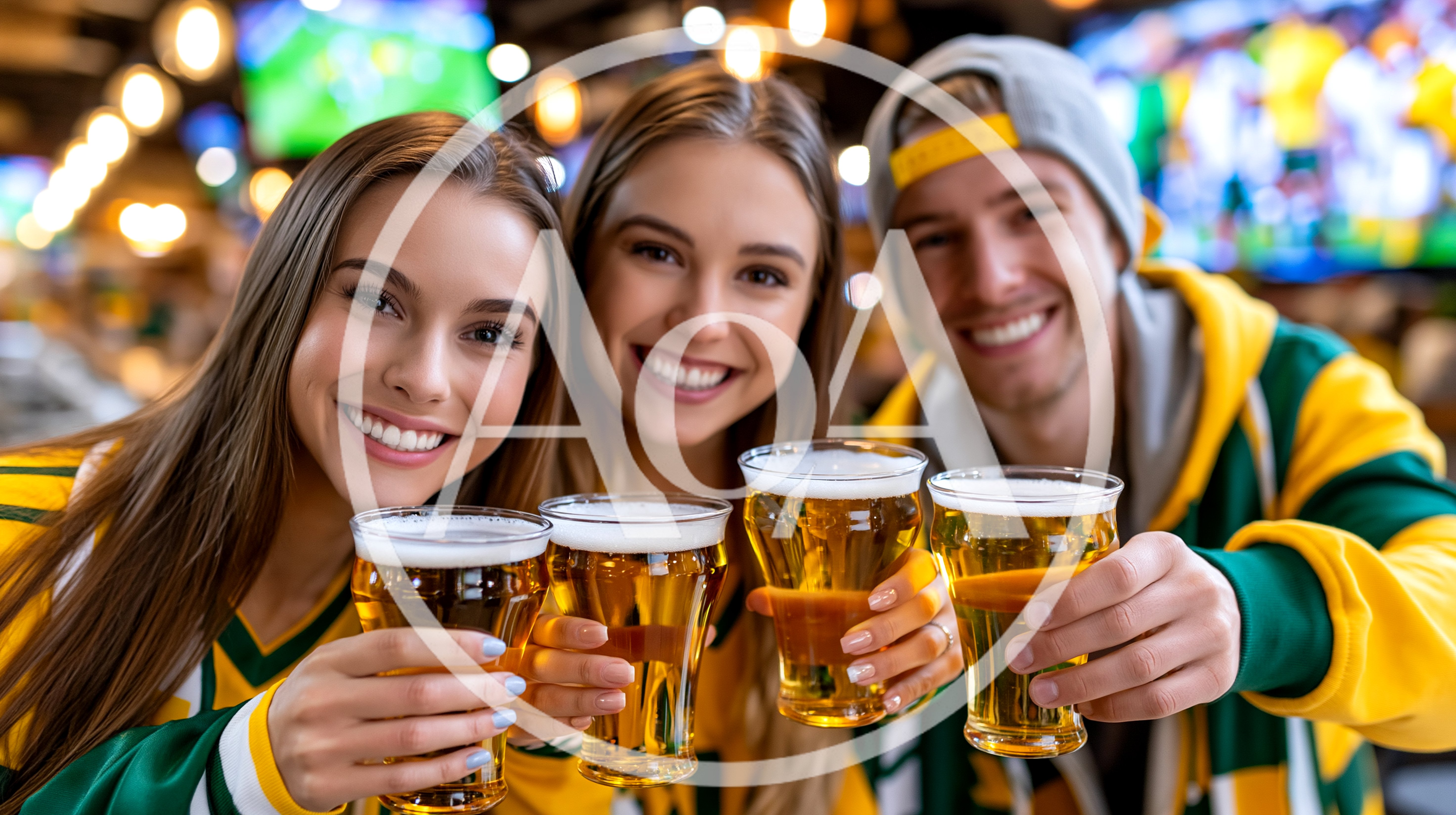 Three Friends Toasting With Beer At A Sports Bar