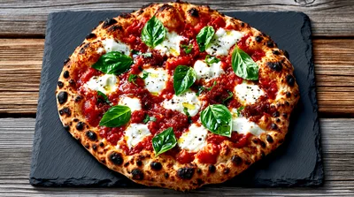 Fresh Margherita Pizza On A Slate Serving Board