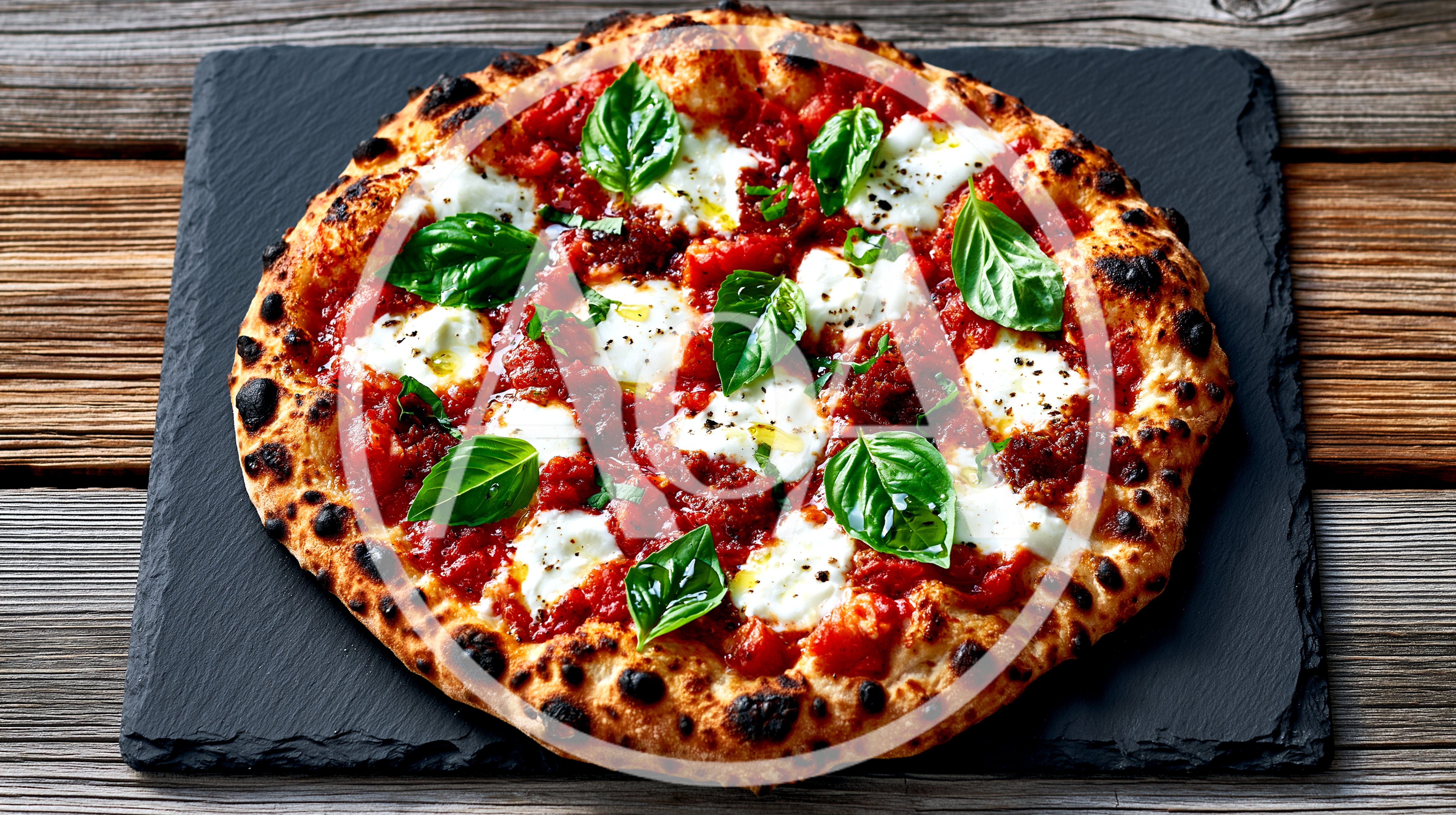 Fresh Margherita Pizza On A Slate Serving Board