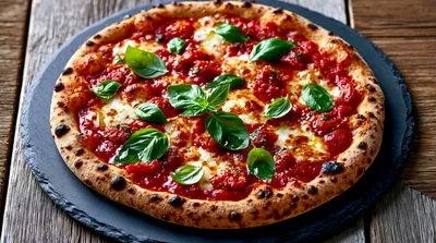 Fresh Margherita Pizza On A Slate Serving Board