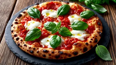Fresh Margherita Pizza With Basil On Slate Board