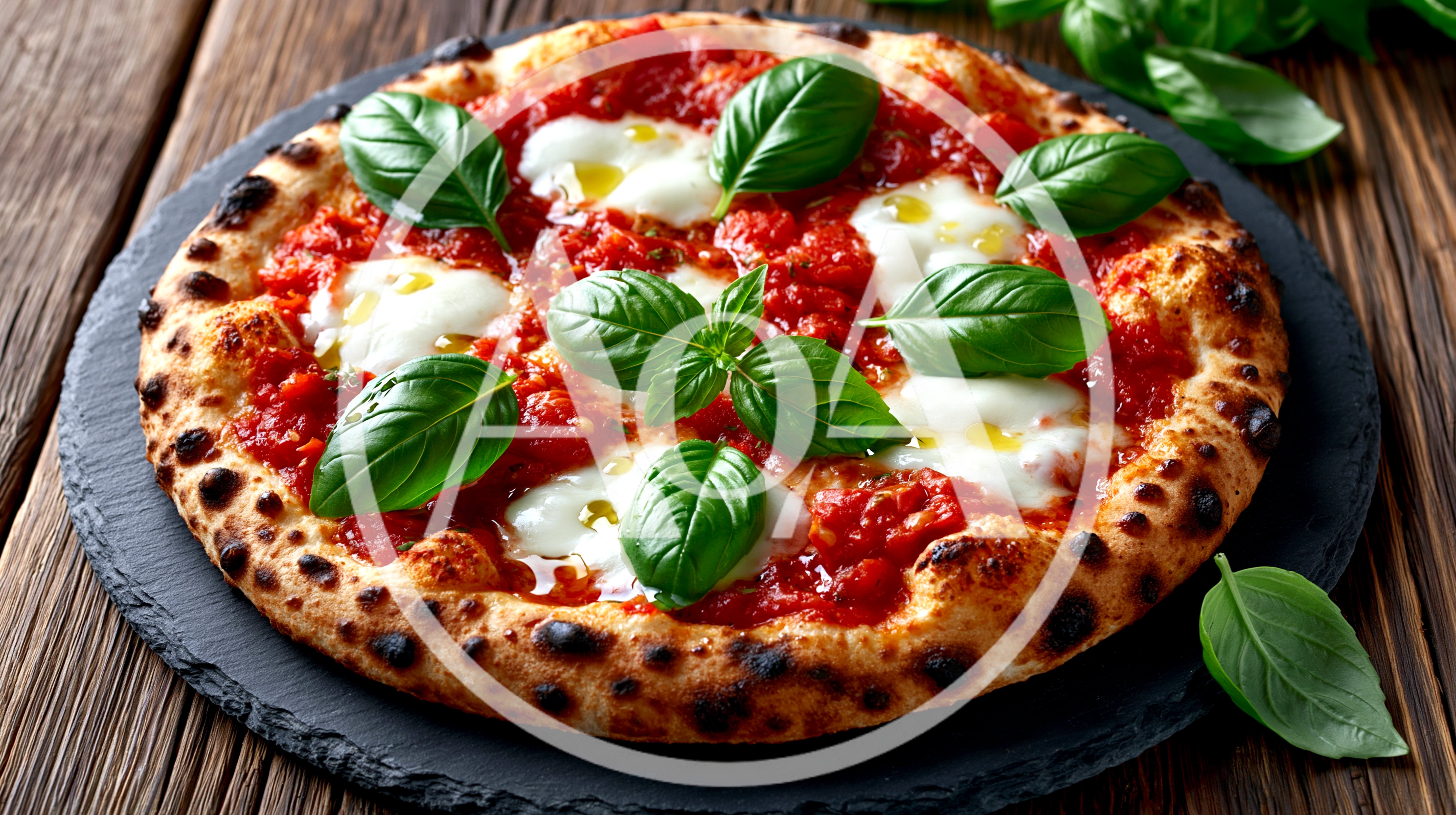 Fresh Margherita Pizza With Basil On Slate Board
