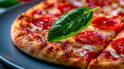 Fresh Pepperoni Pizza Slice With Basil Leaf