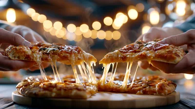 Two People Pulling Slices Of Hot Cheesy Pizza
