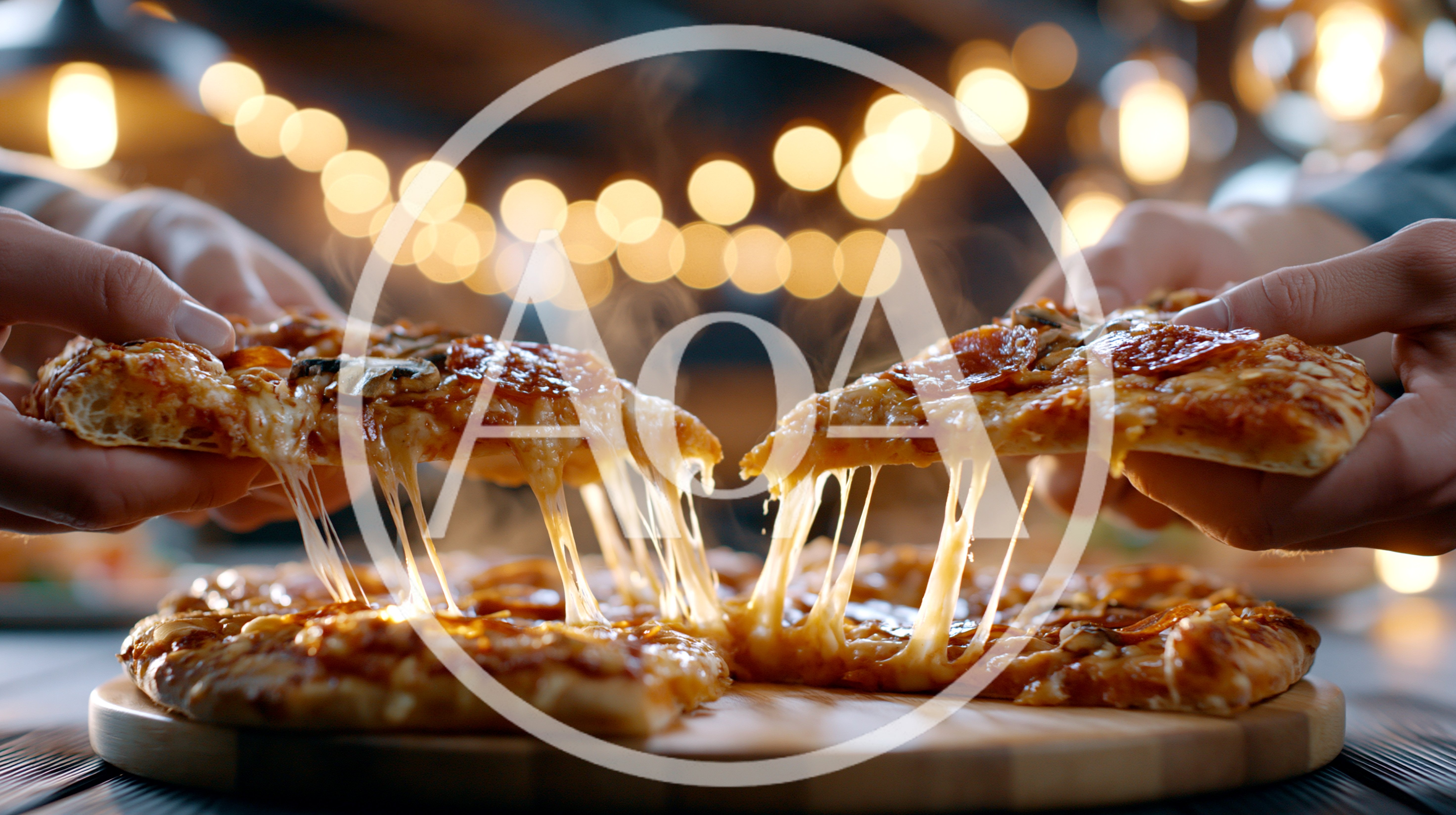 Two People Pulling Slices Of Hot Cheesy Pizza