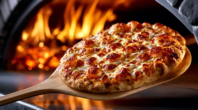 Fresh Pizza Being Removed From A Wood Fired Oven