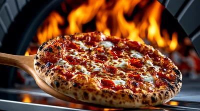 Pepperoni Pizza Being Removed From Wood Fired Oven