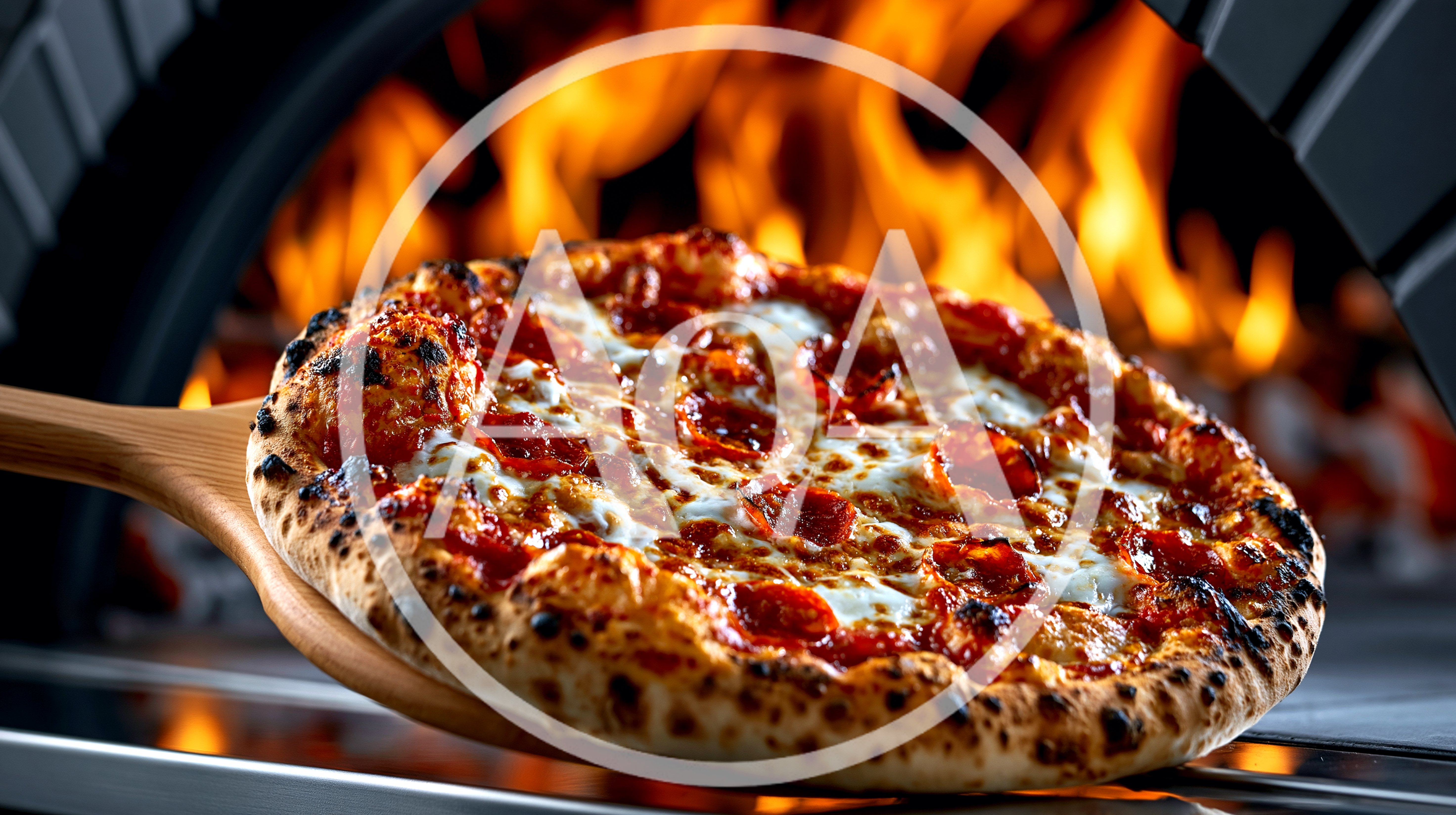 Pepperoni Pizza Being Removed From Wood Fired Oven