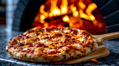Freshly Baked Pizza On A Wooden Peel