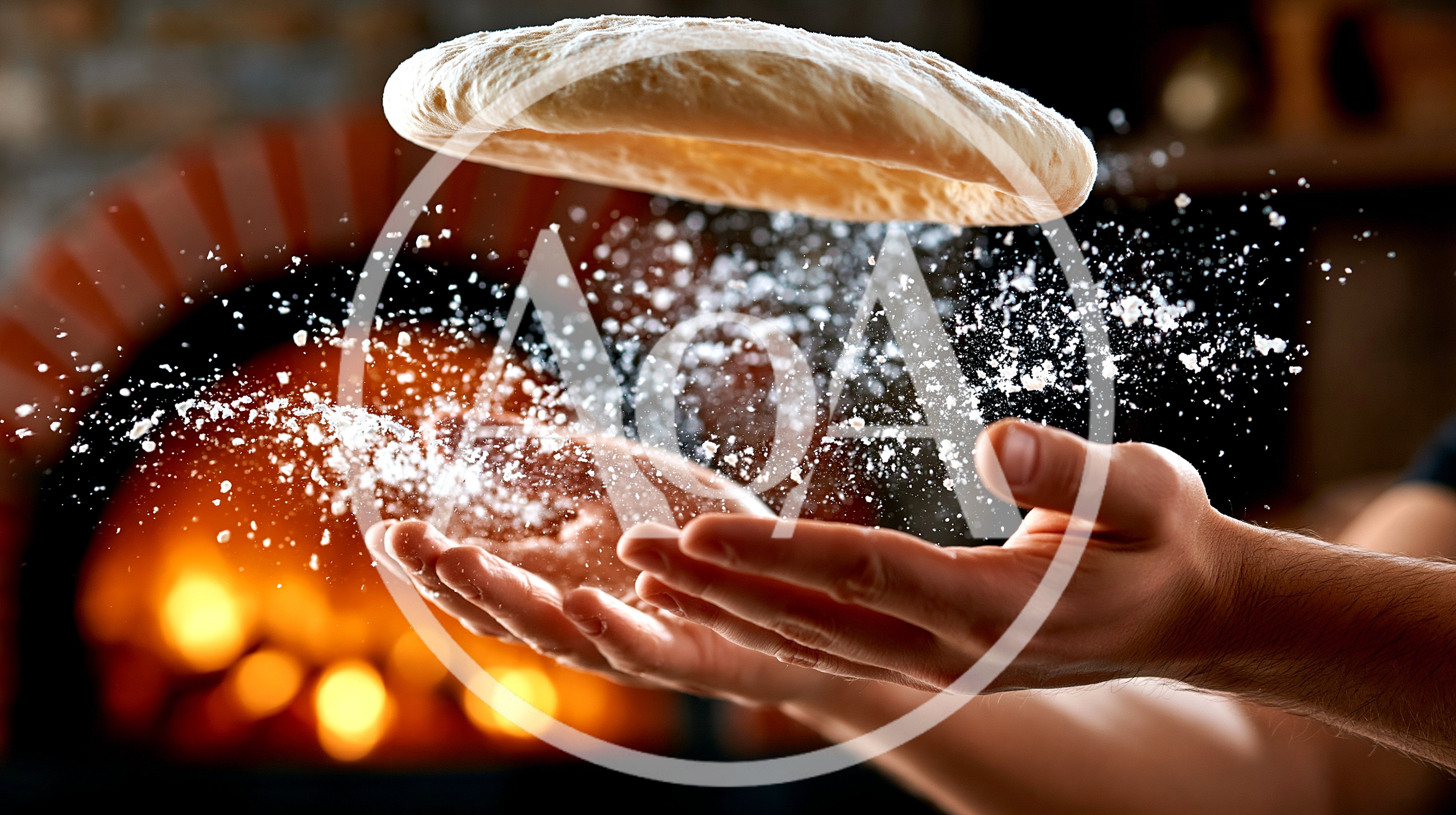 Chef Tossing Pizza Dough In Front Of Wood Oven