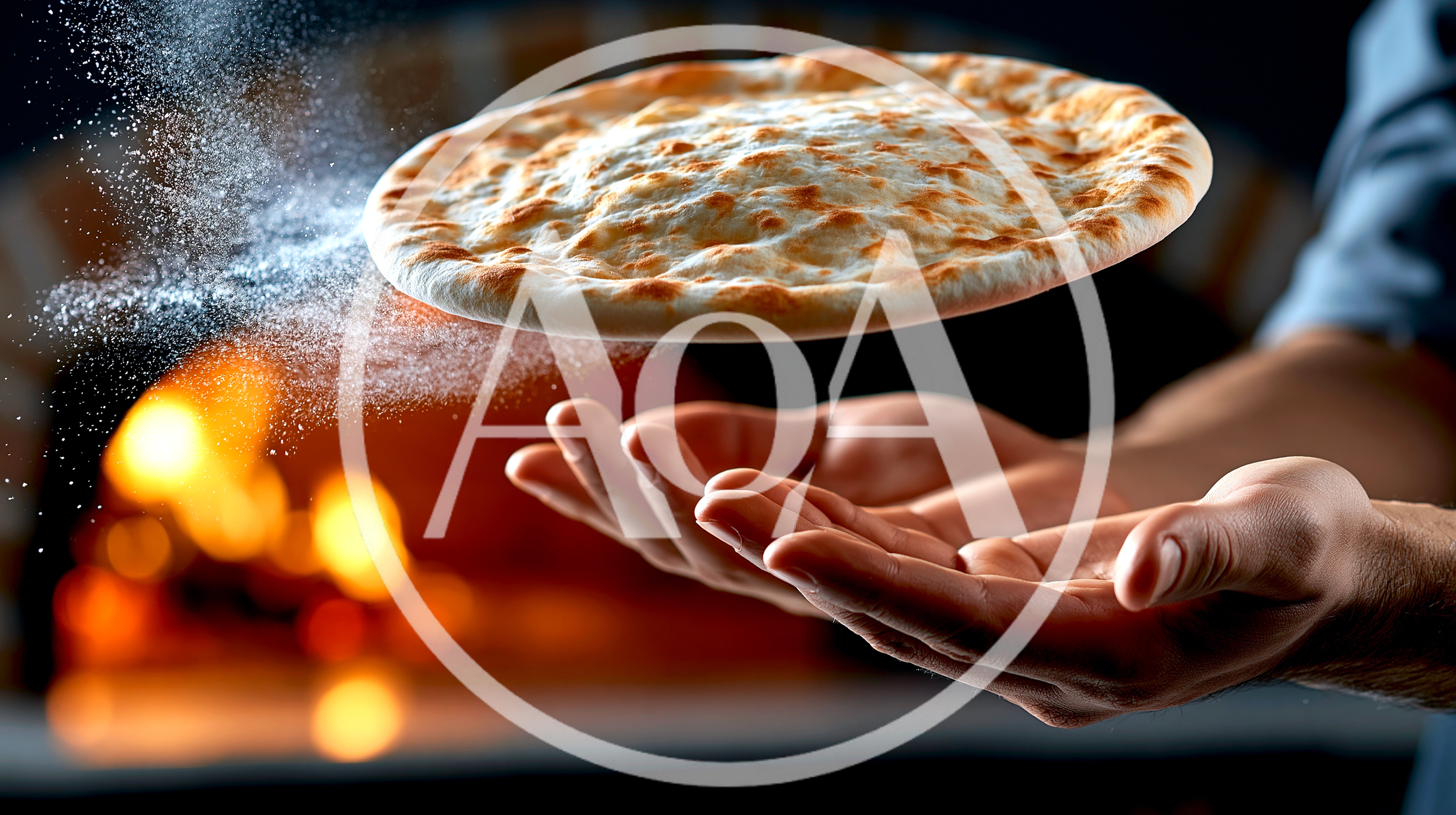 Chef Tossing Pizza Dough In Front Of Wood Oven