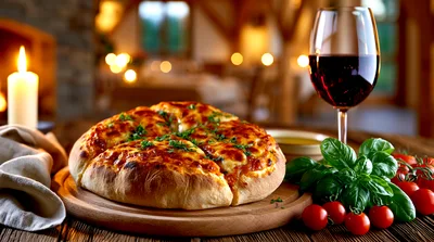 Freshly Baked Cheesy Pizza With Red Wine