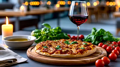 Gourmet Pizza Dinner With Red Wine And Fresh Ingredients