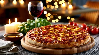 Fresh Pepperoni Pizza On A Wooden Serving Board