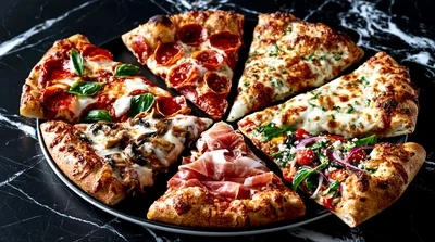 Assorted Pizza Slices On A Marble Surface