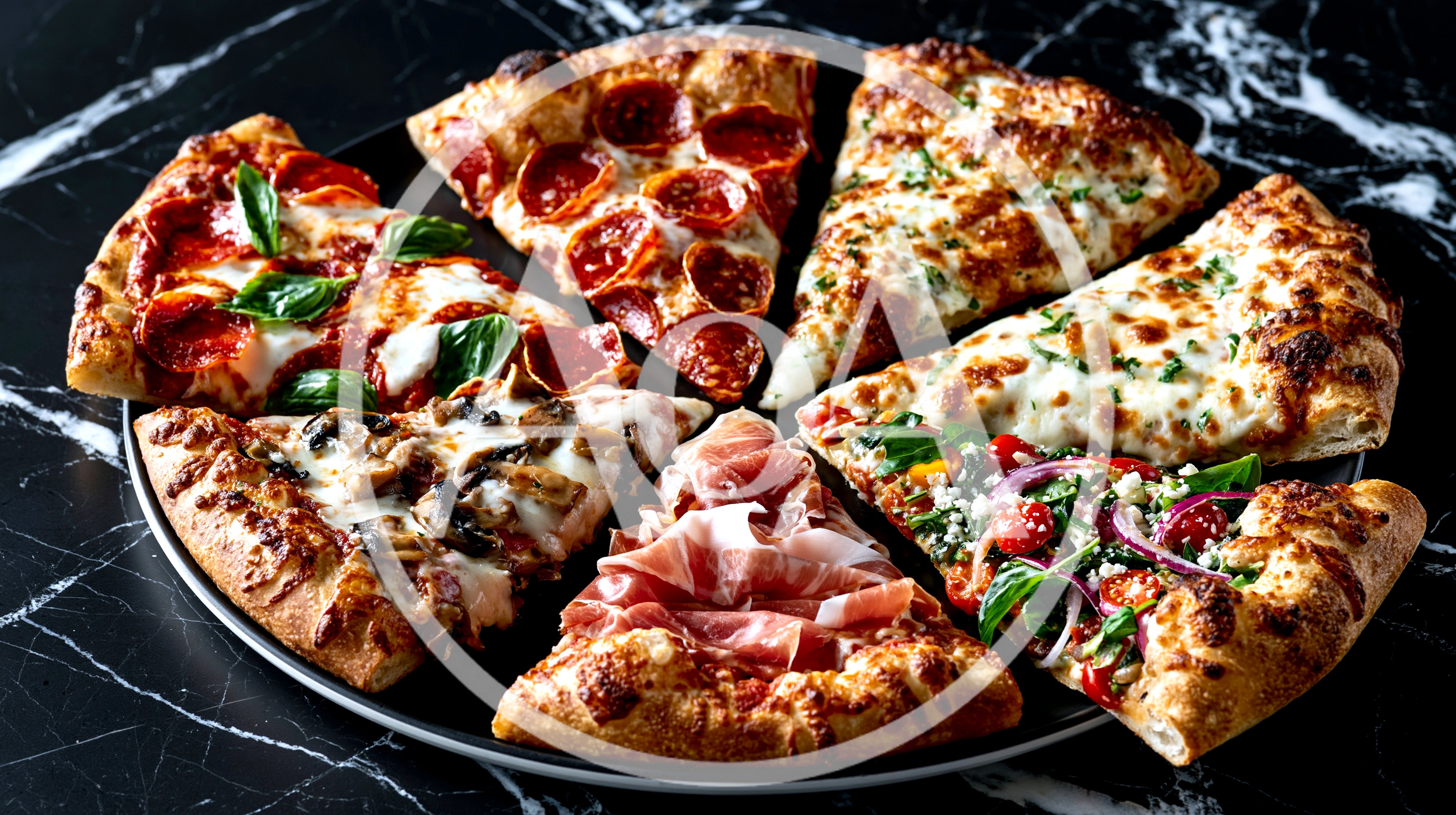 Assorted Pizza Slices On A Marble Surface