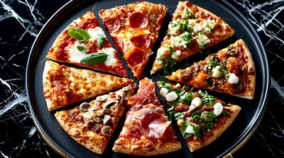 Assorted Pizza Slices Arranged On A Black Marble Tray