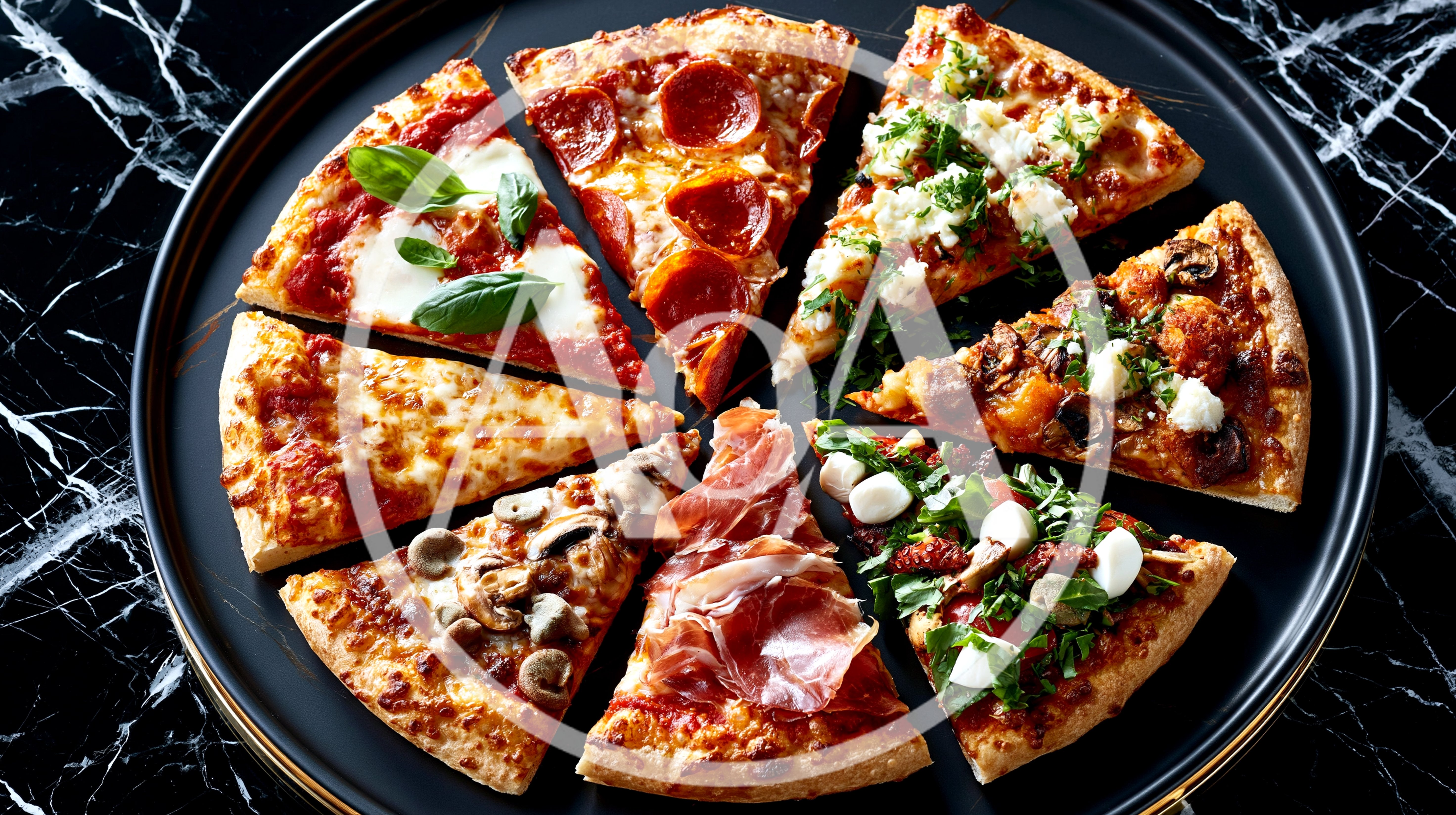 Assorted Pizza Slices Arranged On A Black Marble Tray