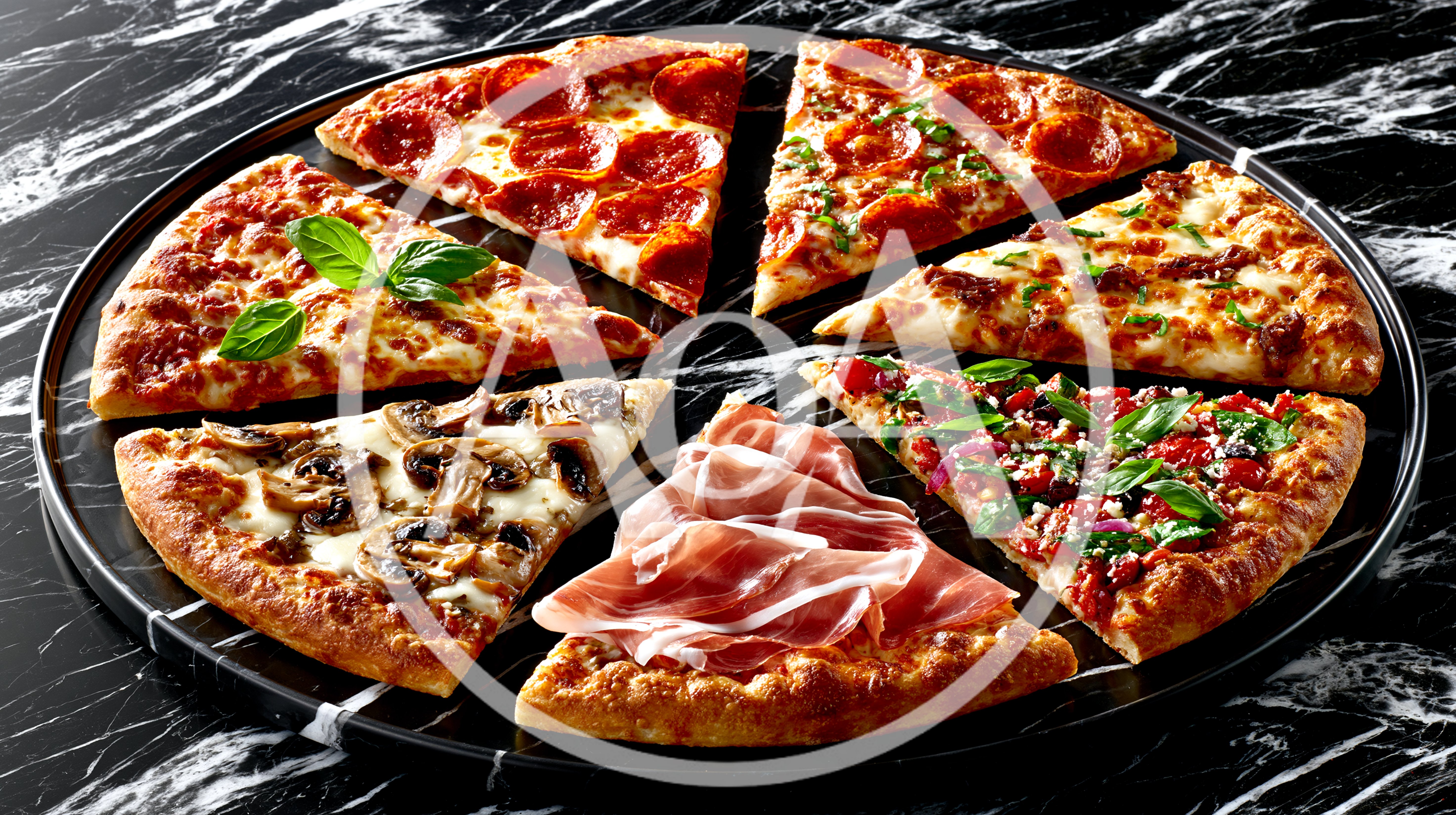 Assorted Pizza Slices On A Marble Platter