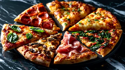 Assorted Slices Of Gourmet Pizza On Marble Surface