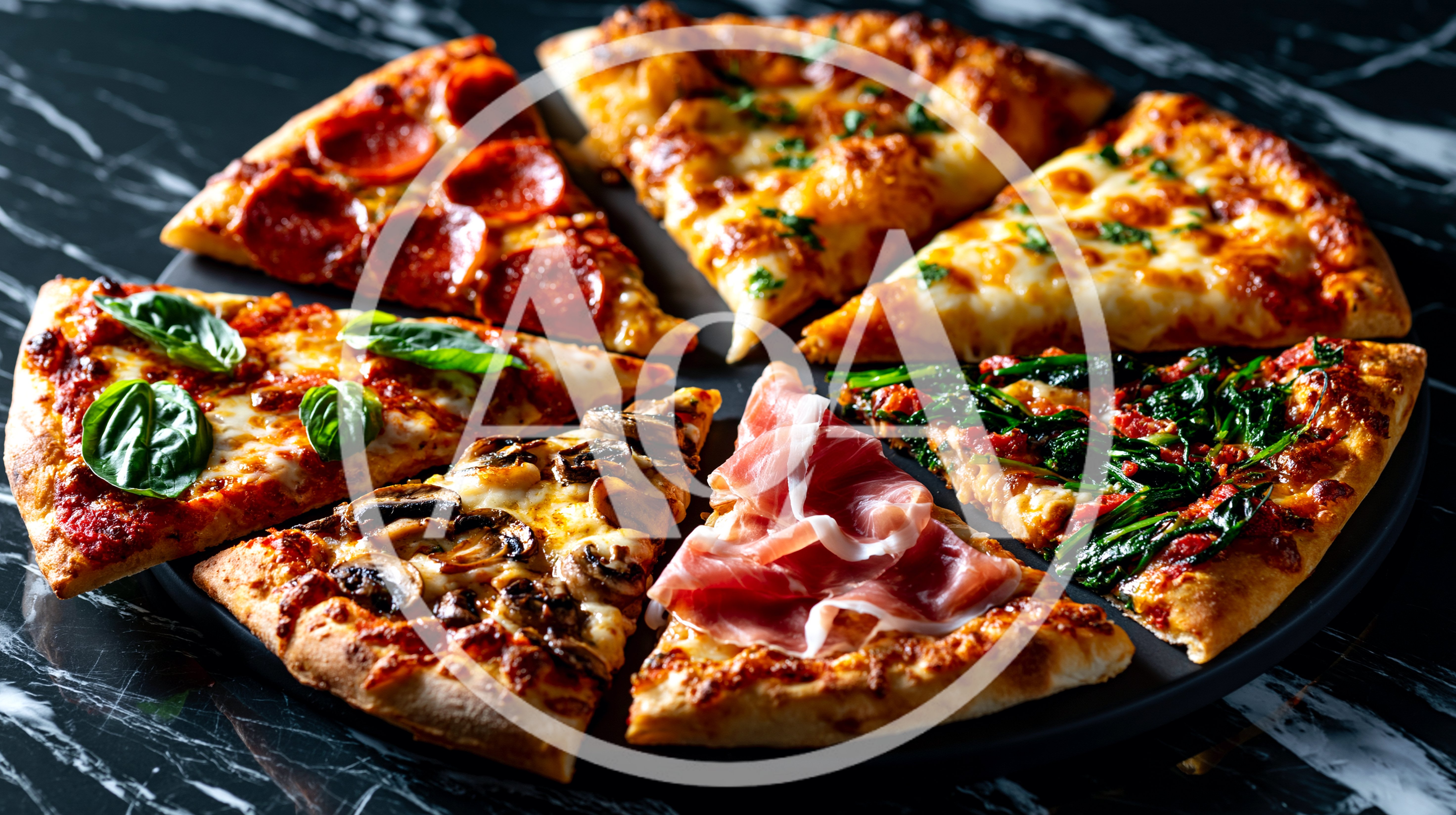 Assorted Slices Of Gourmet Pizza On Marble Surface