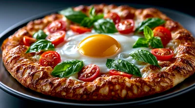 Gourmet Breakfast Pizza With Fried Egg And Tomatoes